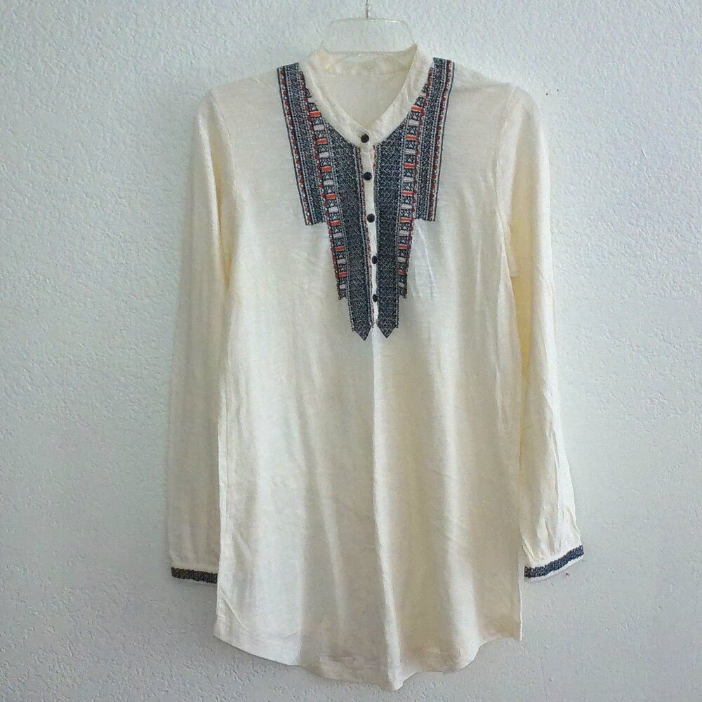 White long sleeve shirt, with cross stitch embroidery details,